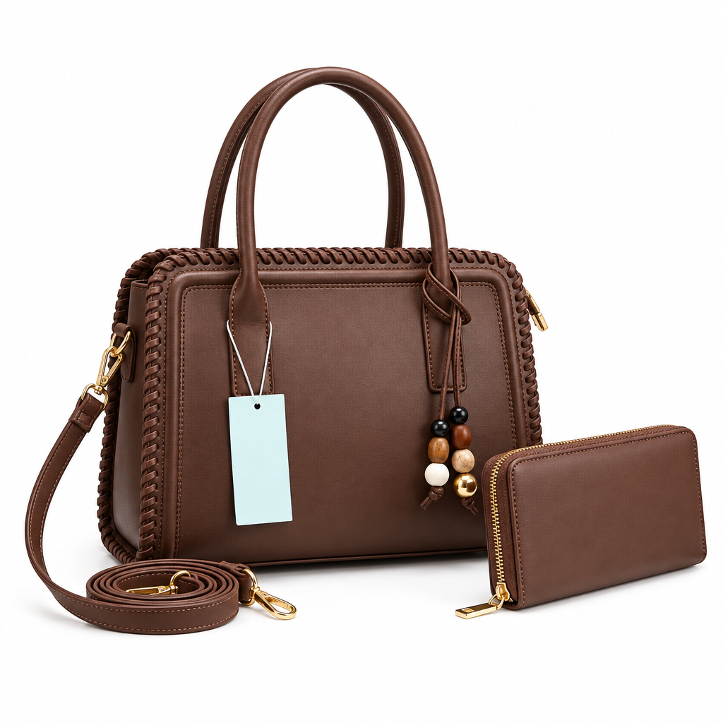Chocolate brown woven-edge handbag and matching zip purse on white background