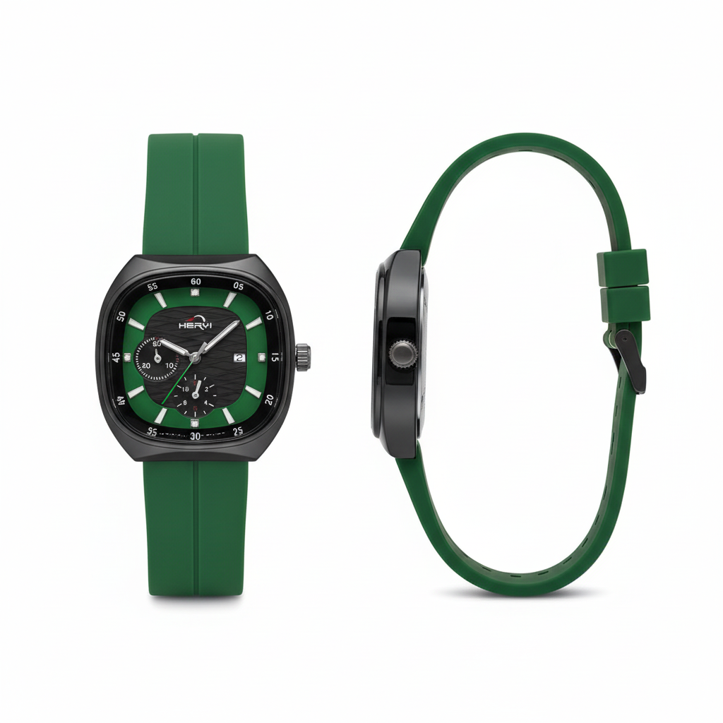 Full black multi-dial watch with green strap shown from the front and side on a white background