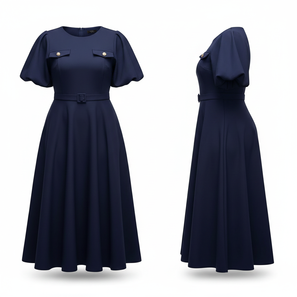 Women's Navy Blue Puff Sleeve A-Line Belted Midi Dress – Ghost Mannequin Front and Side View