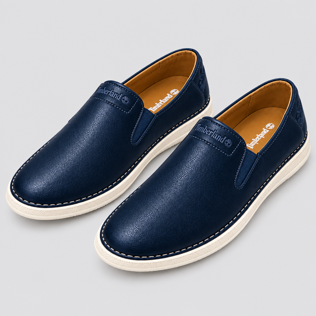 Pair of navy slip-on shoes with white contrast stitching