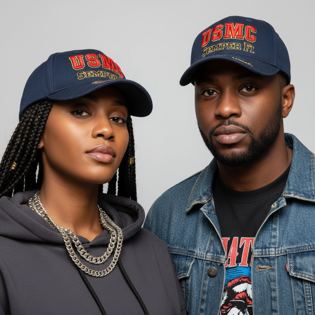 Nigerian male and female models wearing dark navy embroidered slogan baseball cap