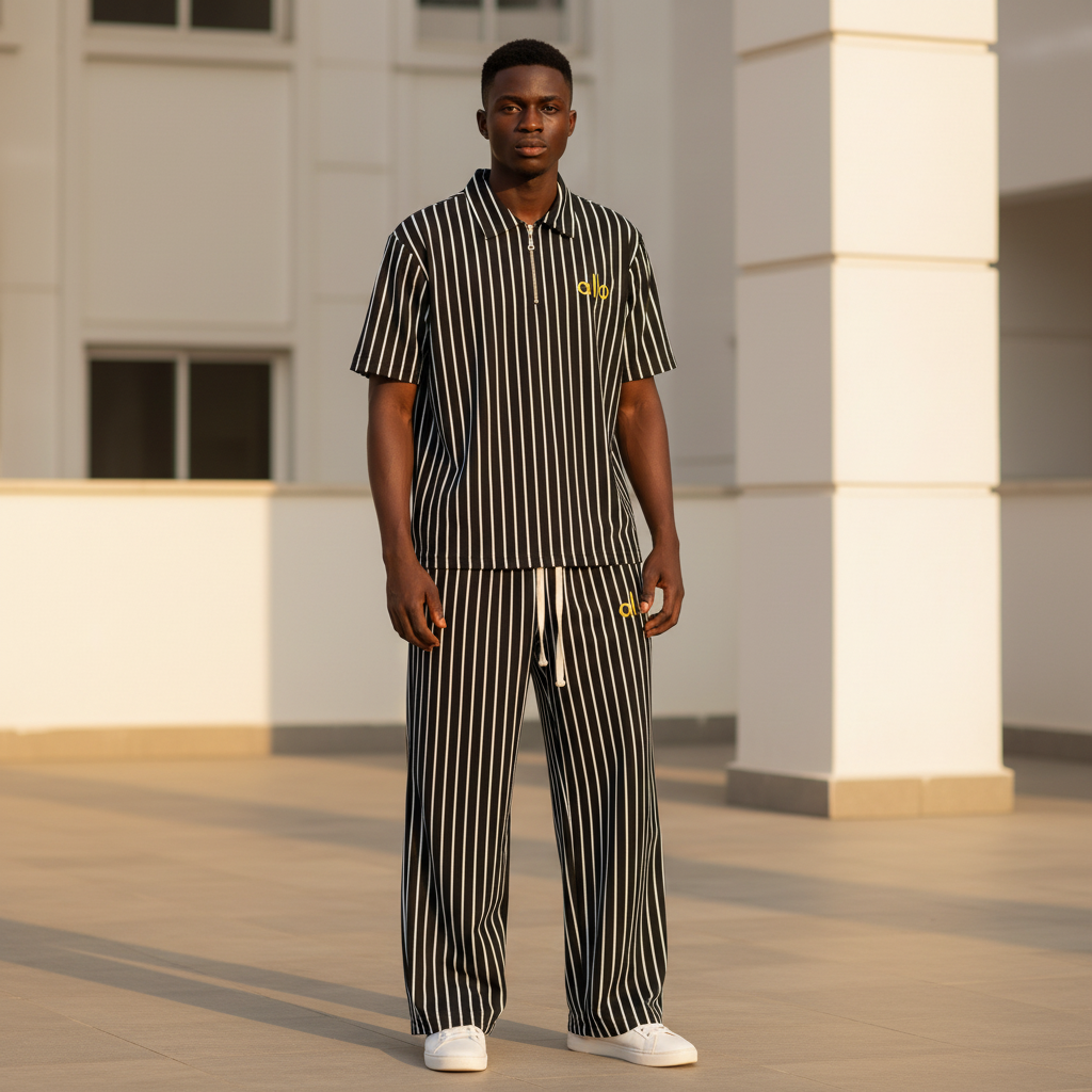 Male model wearing black white pinstripe yellow logo polo and trouser two-piece set