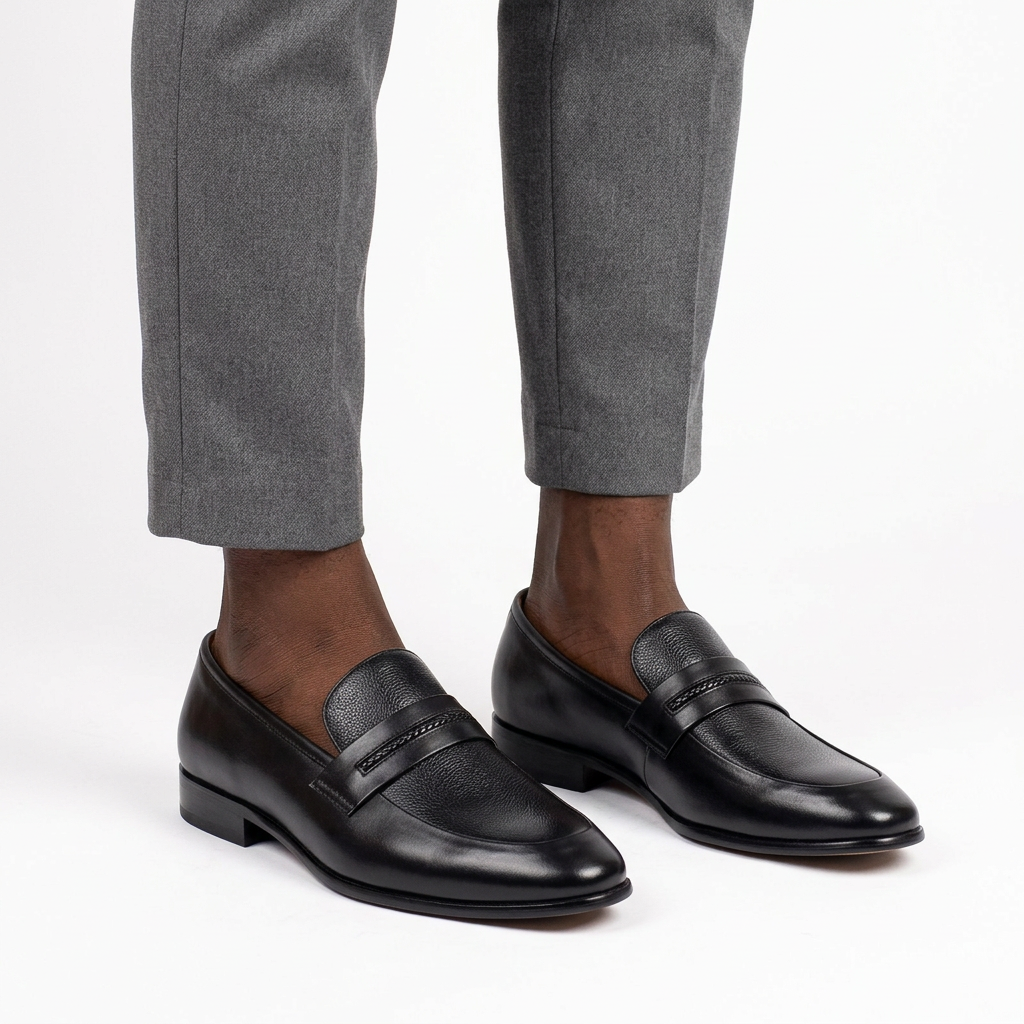 Black textured strap loafers properly worn on both feet