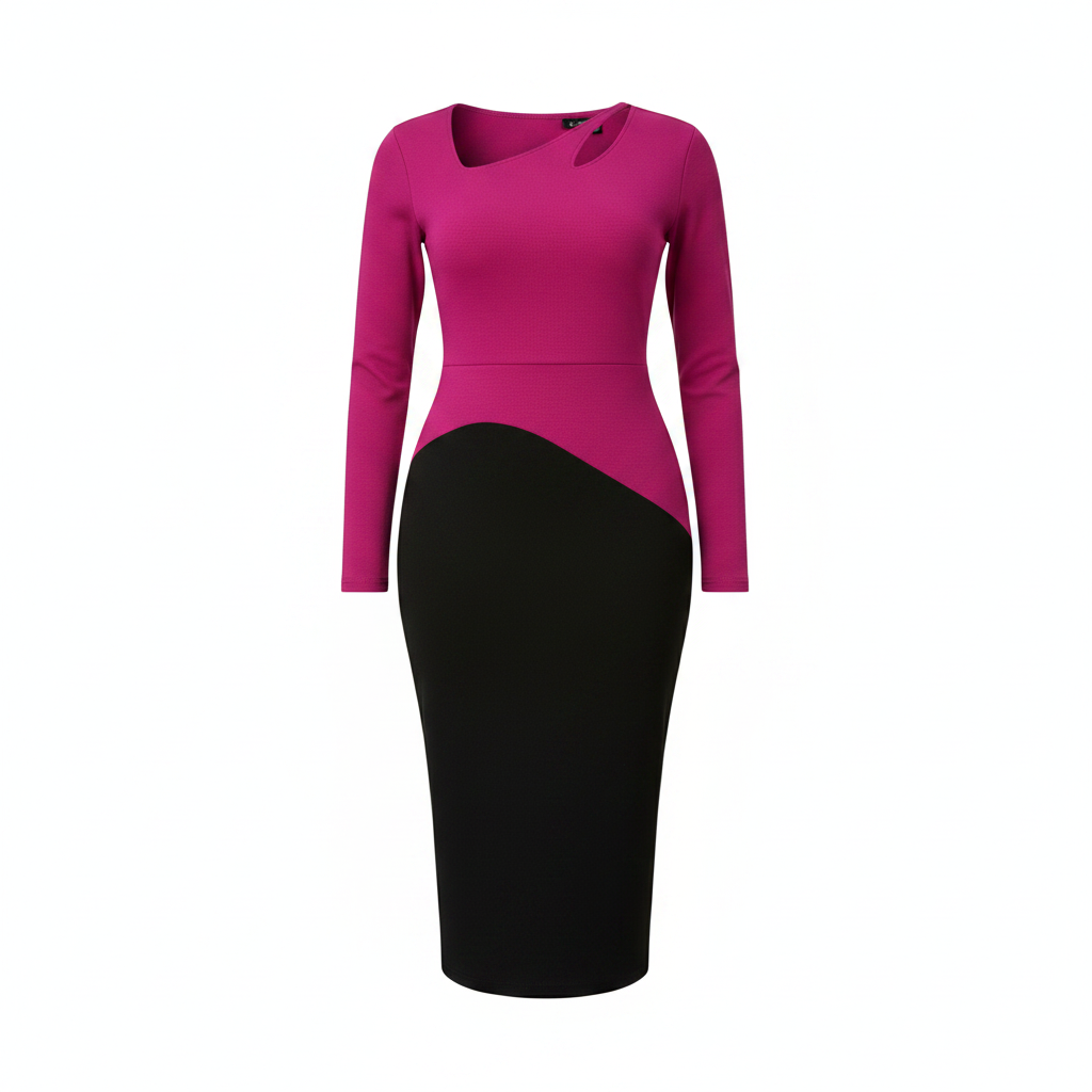 Ghost mannequin view of Women's Magenta & Black Cutout-Neck Long-Sleeve Bodycon Midi Dress