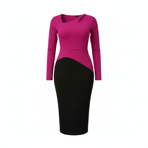 Ghost mannequin view of Women's Magenta & Black Cutout-Neck Long-Sleeve Bodycon Midi Dress