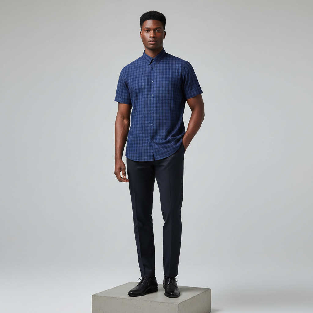 Nigerian male model wearing navy blue plaid short-sleeved shirt
