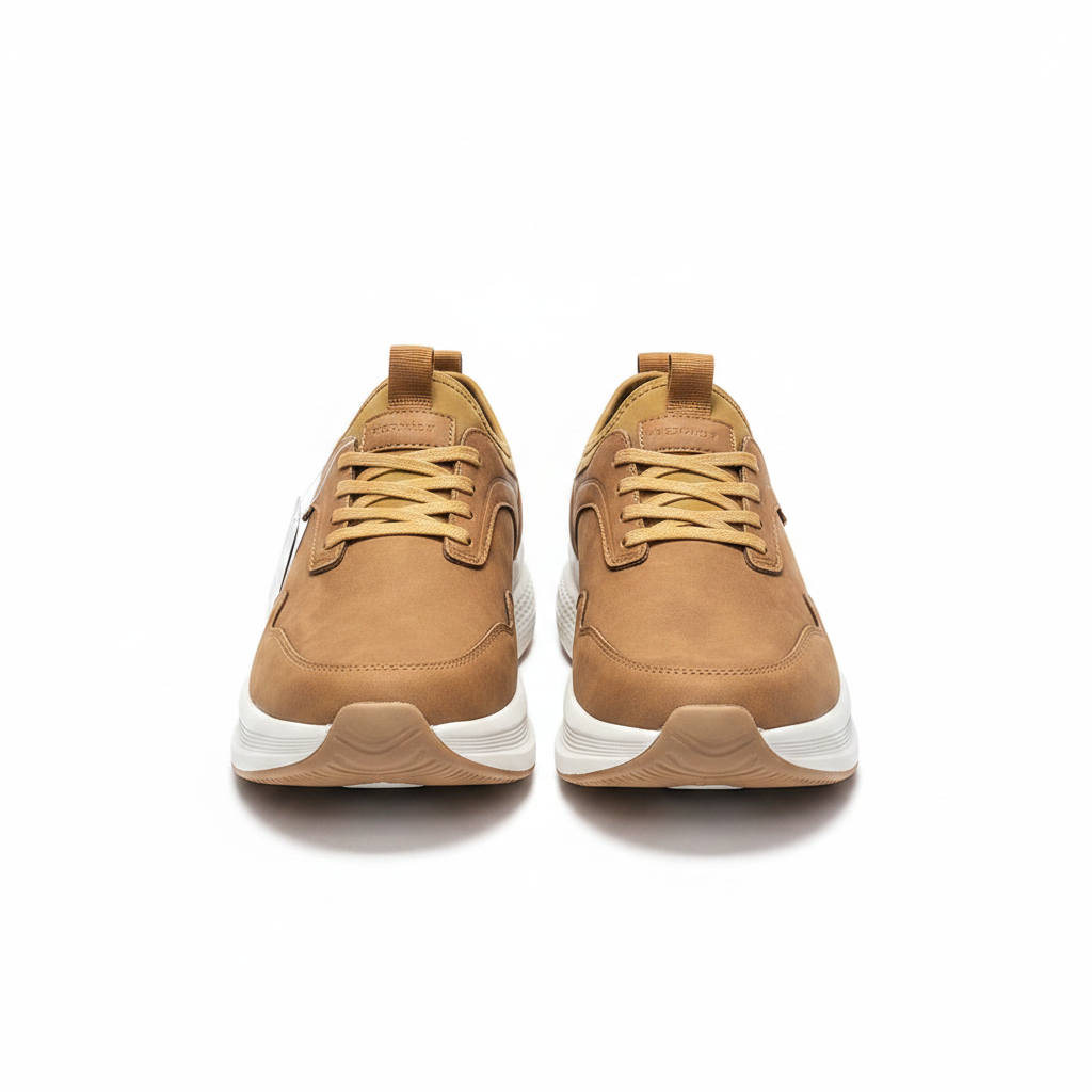 Men's tan nubuck leather lace-up casual sneakers pair product shot