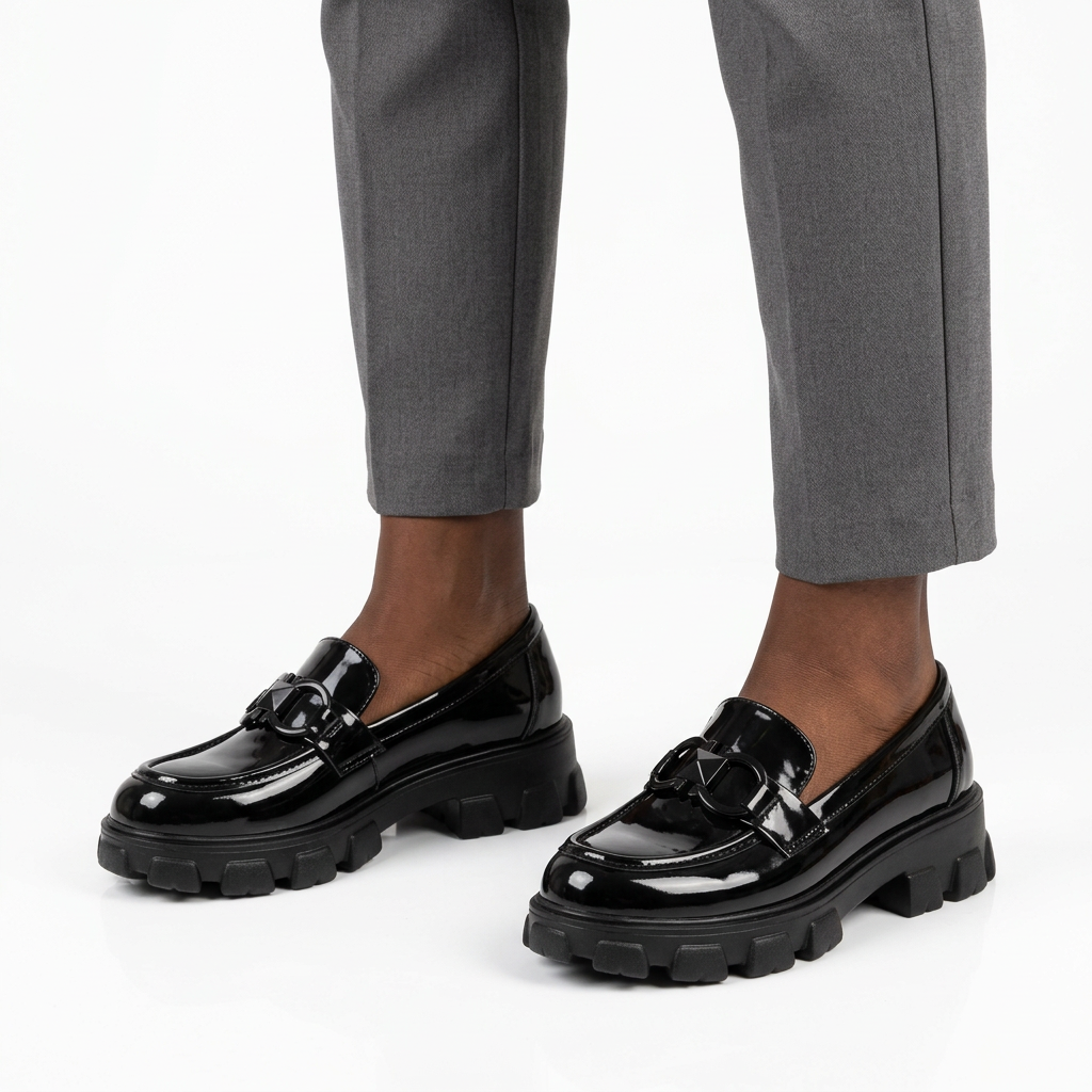 Adult woman wearing black glossy interlocking-detail chunky loafers