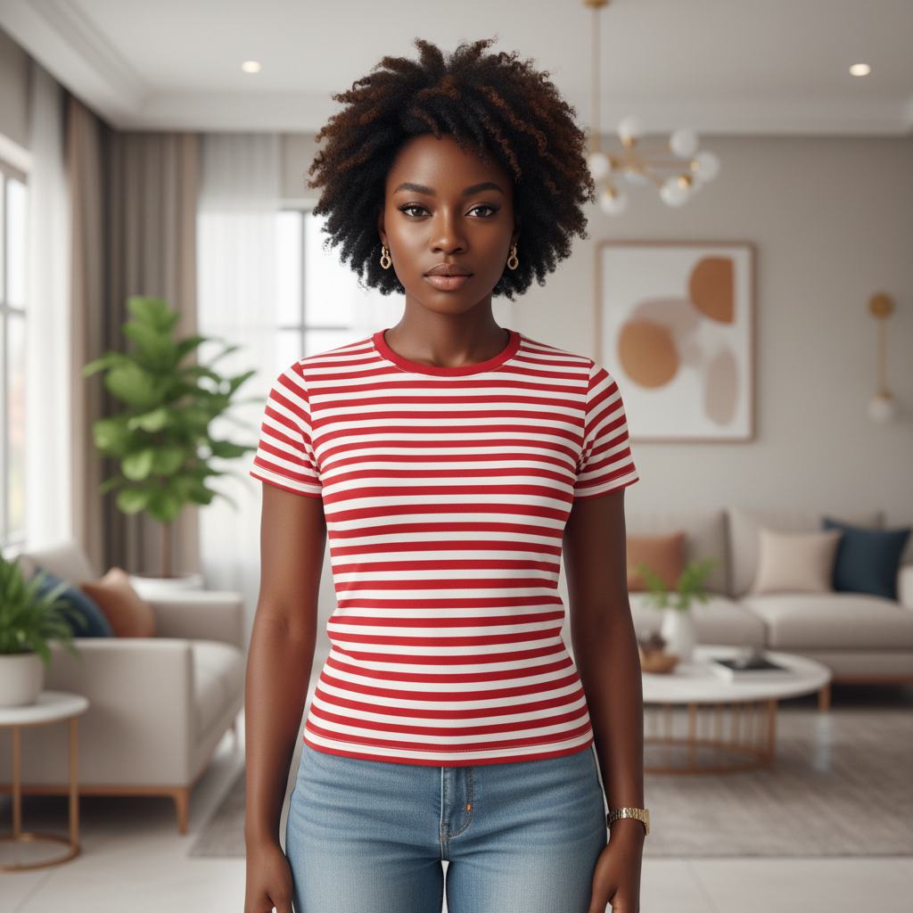 Red White Striped Fitted Crew Tee - Front Model