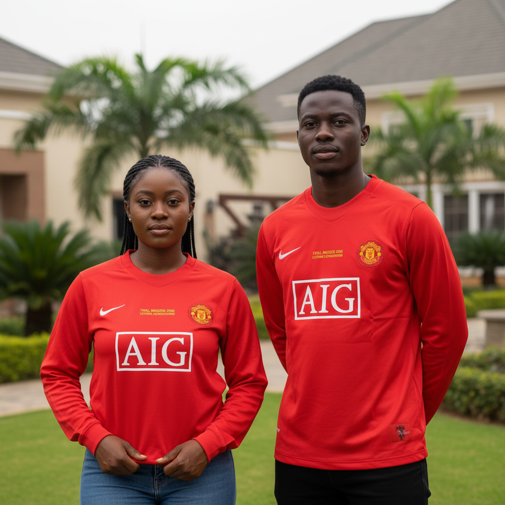 Nigerian female and male models wearing the red long-sleeve retro football jersey