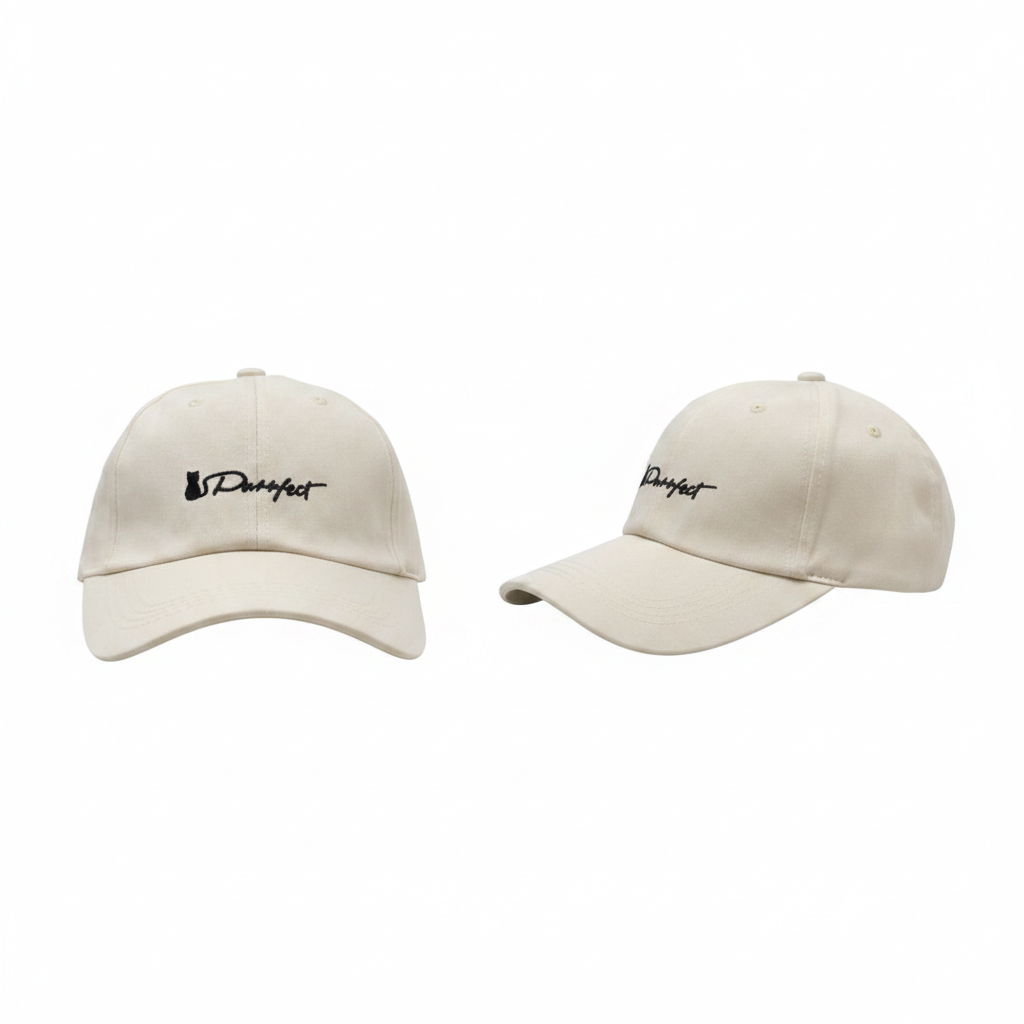 Cream off-white dad cap with cat silhouette embroidery – ghost mannequin front and side view
