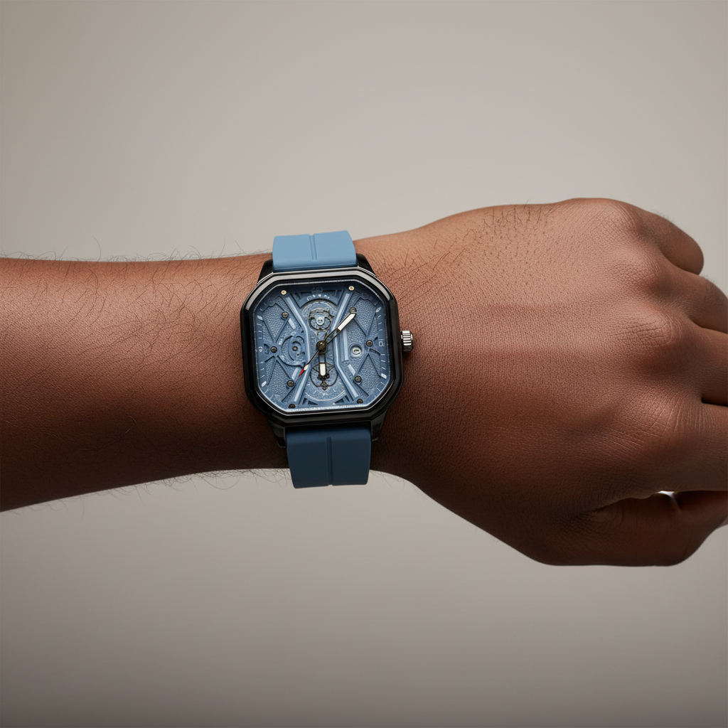 Blue strap black square skeleton-style wristwatch worn on a Black man's wrist