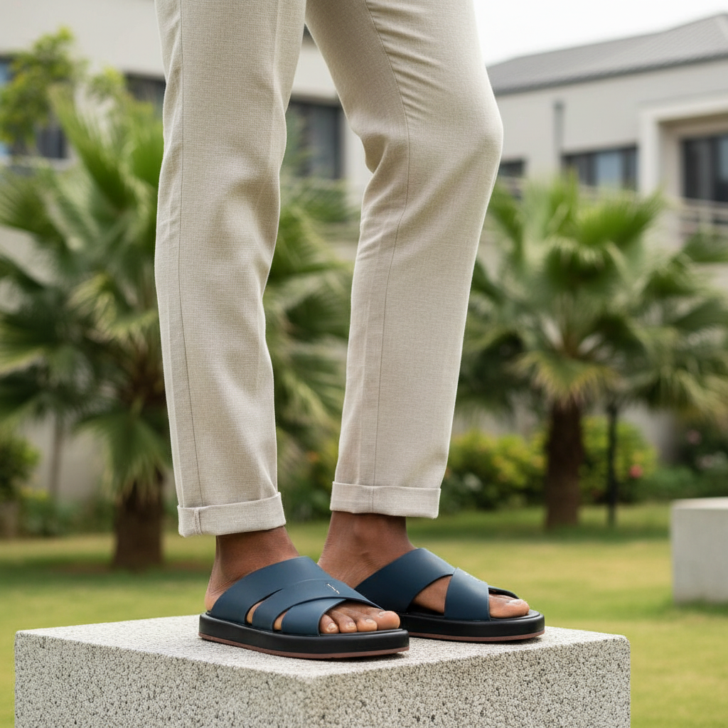 Nigerian male model leg-focused shot wearing navy cross-strap slide sandal with brown sole pair