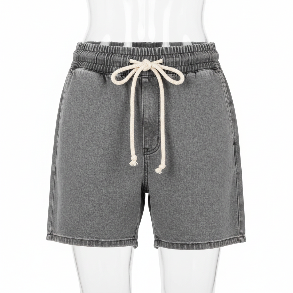 Ghost mannequin front view of grey washed denim shorts