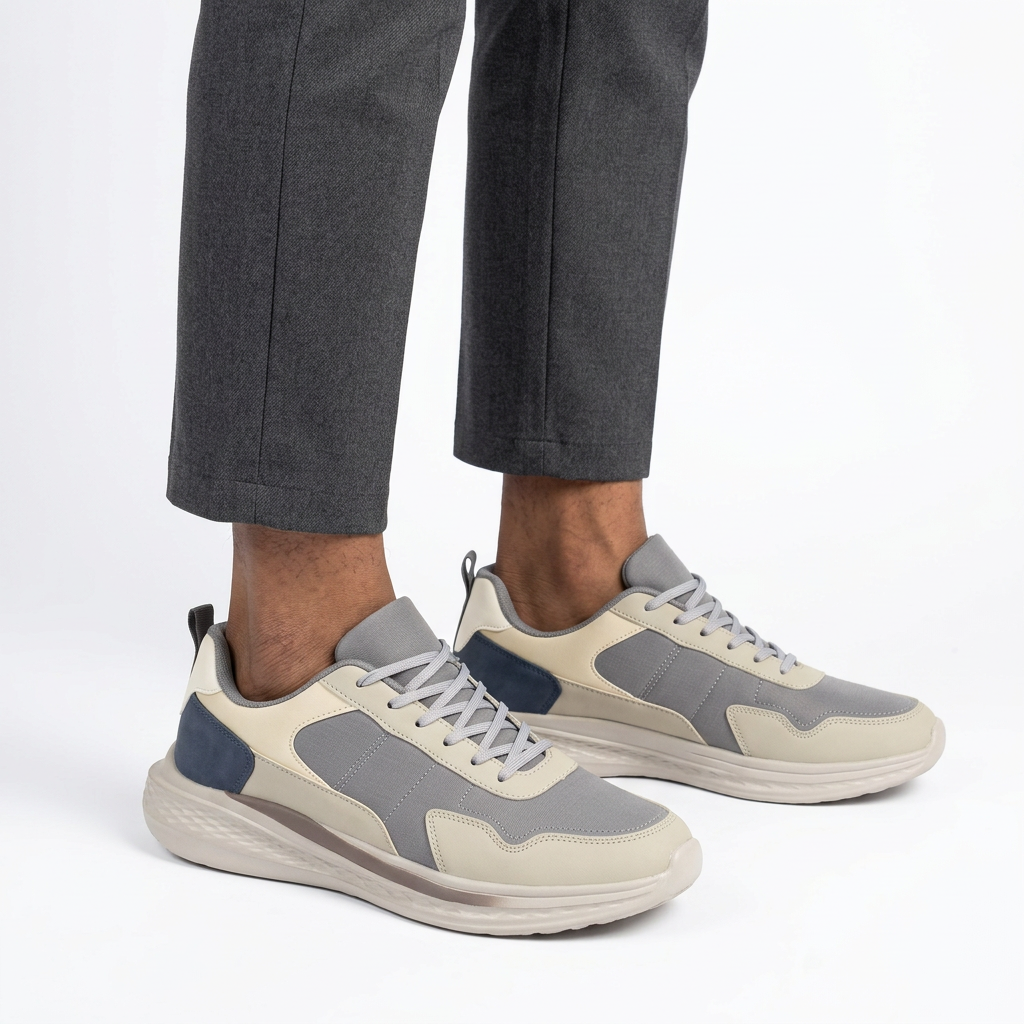 Men's grey and cream navy-accent sneakers worn ankle-down on a white background