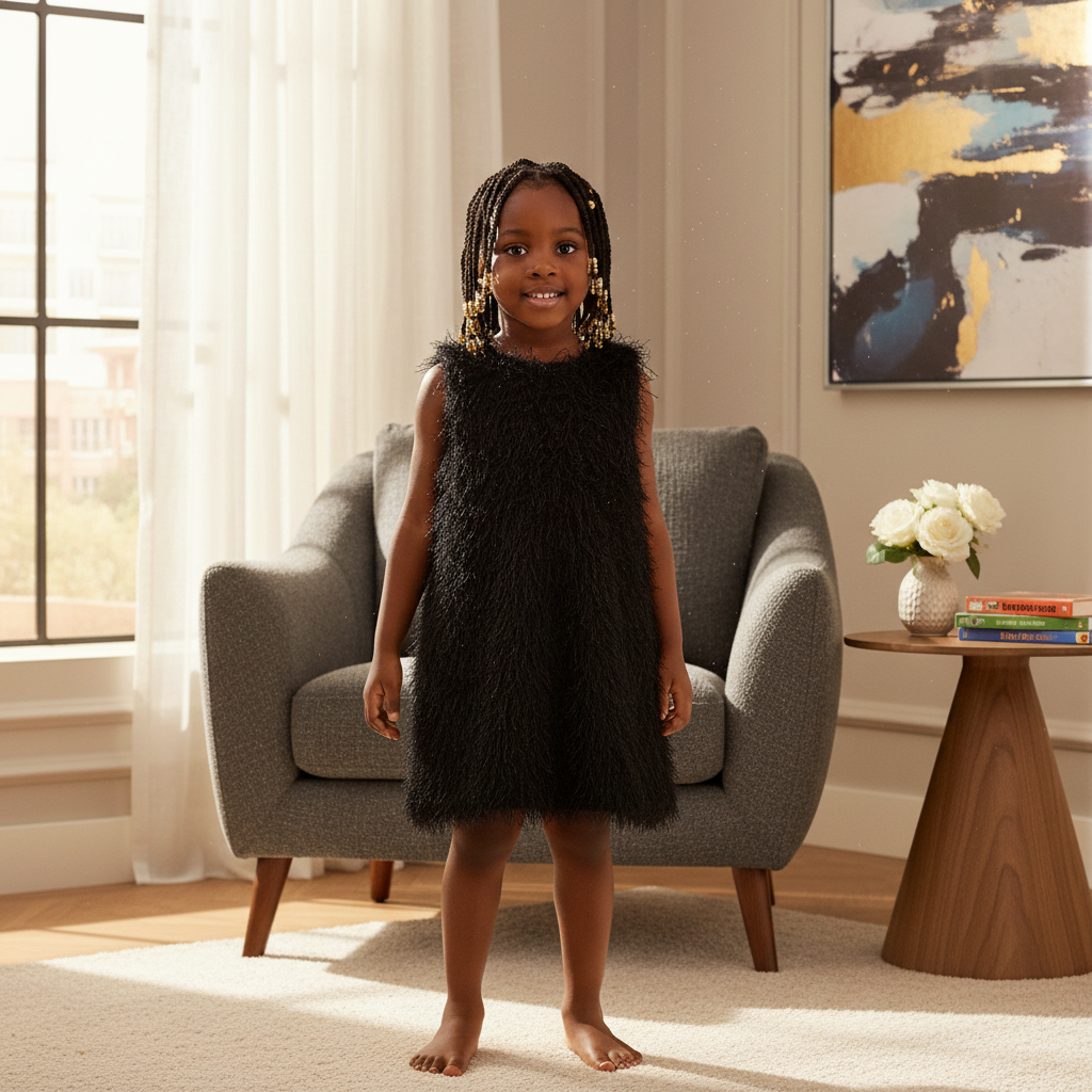 Girl aged 3-6 wearing Black Shaggy Fringe Dress - Model Shot