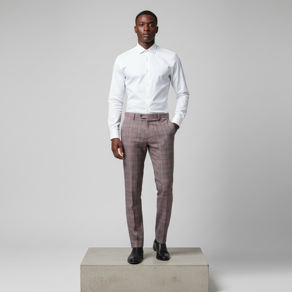 Brown Beige Pink Glen Plaid Trousers – Front Model