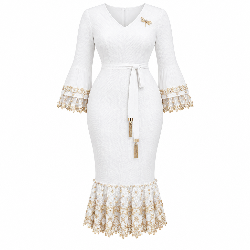White belted lace-flounce occasion dress on white background