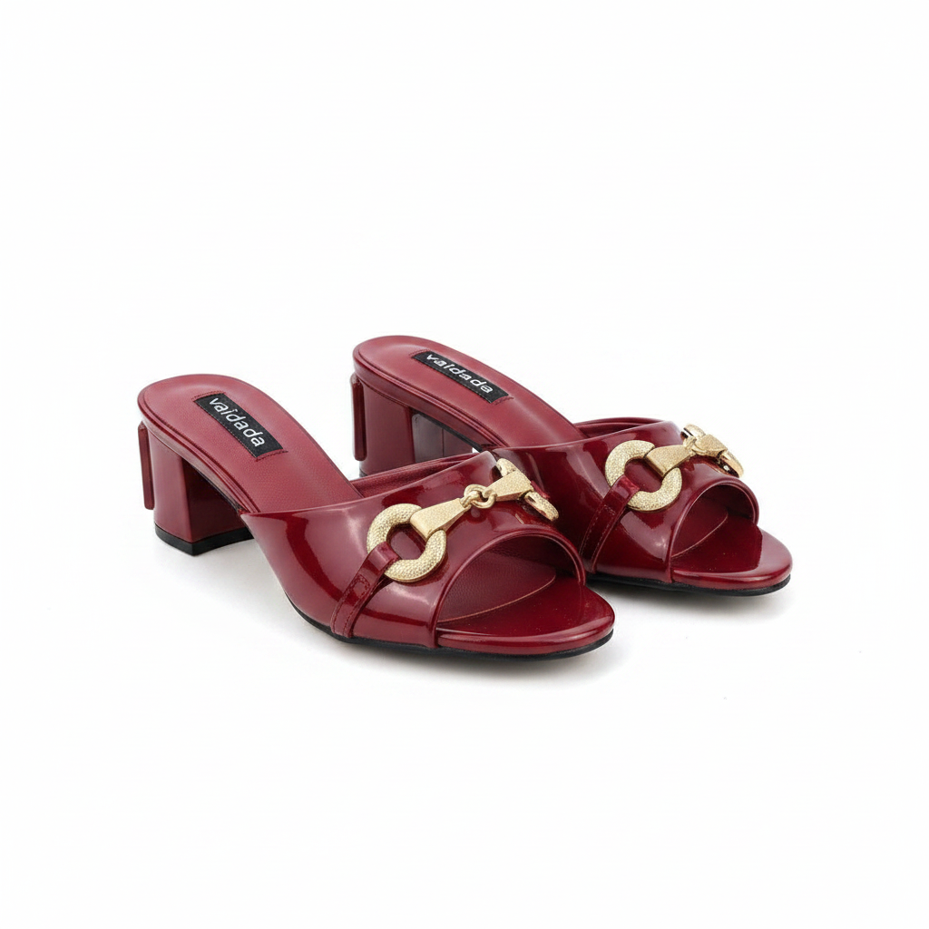 Ghost mannequin pair view of wine burgundy patent leather horsebit chain block heel mules