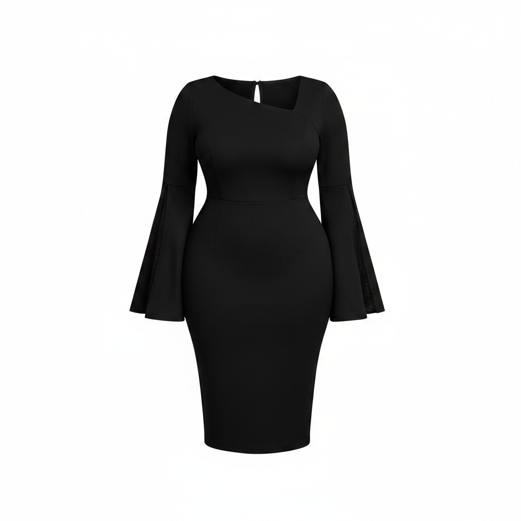 Women's Black Asymmetric Neck Bell Sleeve Bodycon Midi Dress – Ghost Mannequin Front View