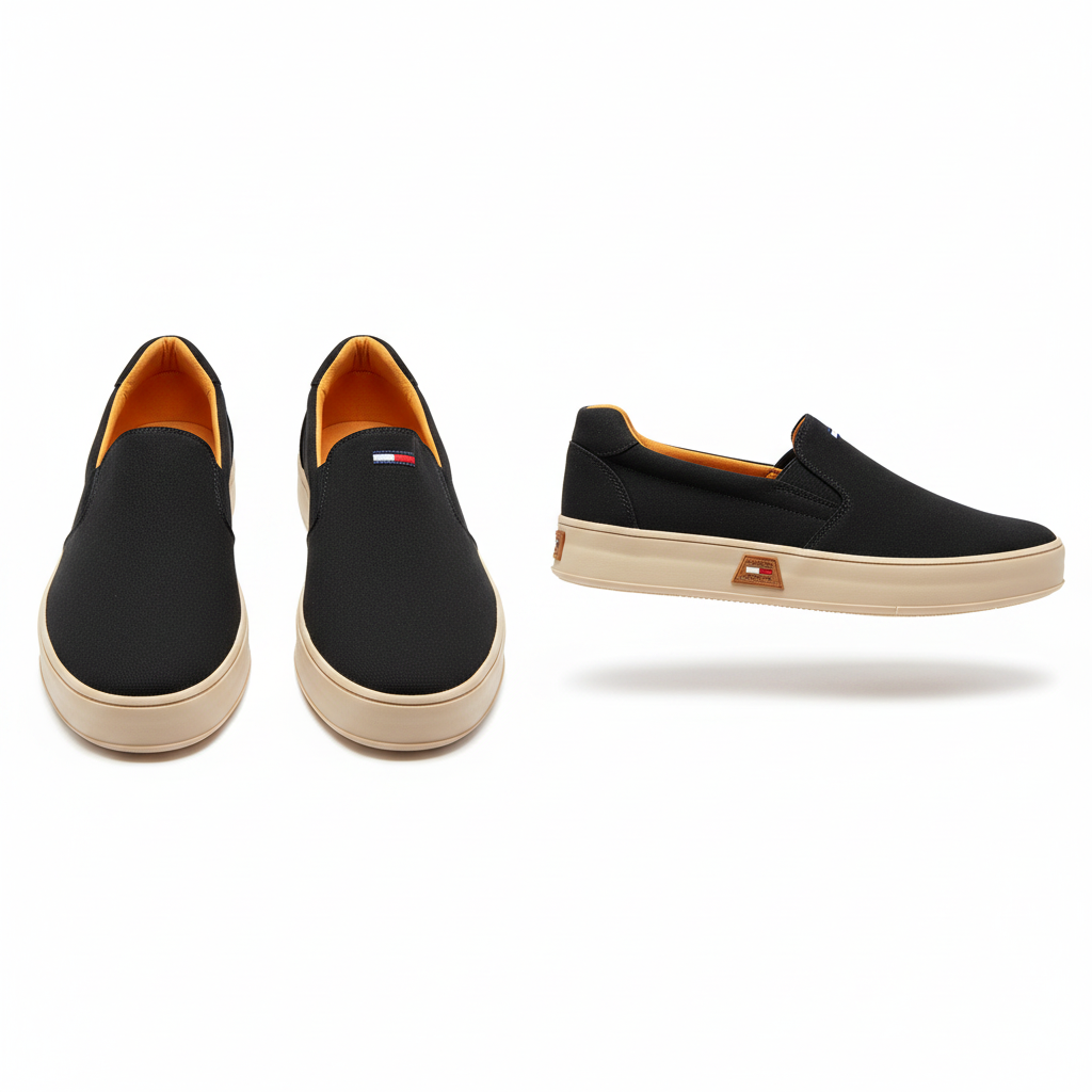 Men's black canvas slip-on loafer pair, ghost mannequin front and side view, white background
