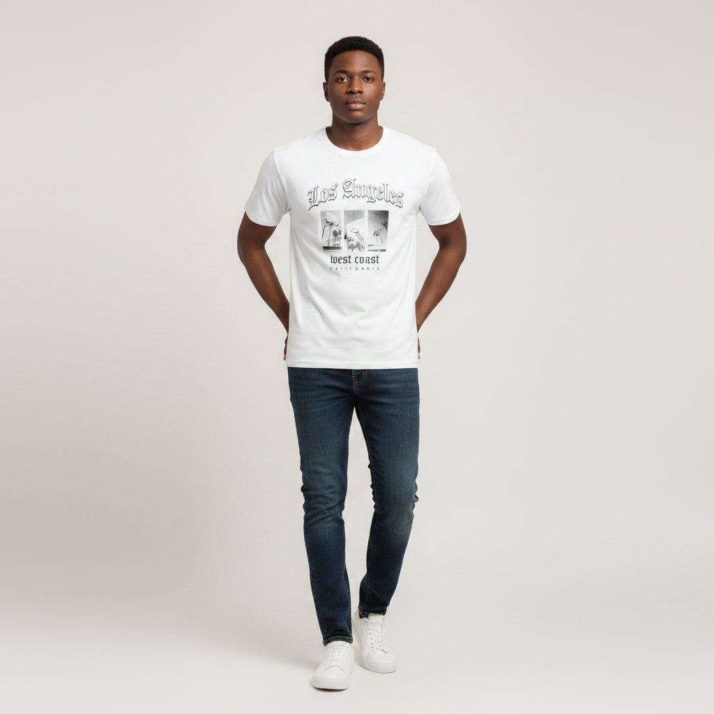 Young Nigerian male wearing white Los Angeles West Coast California graphic crew neck tee