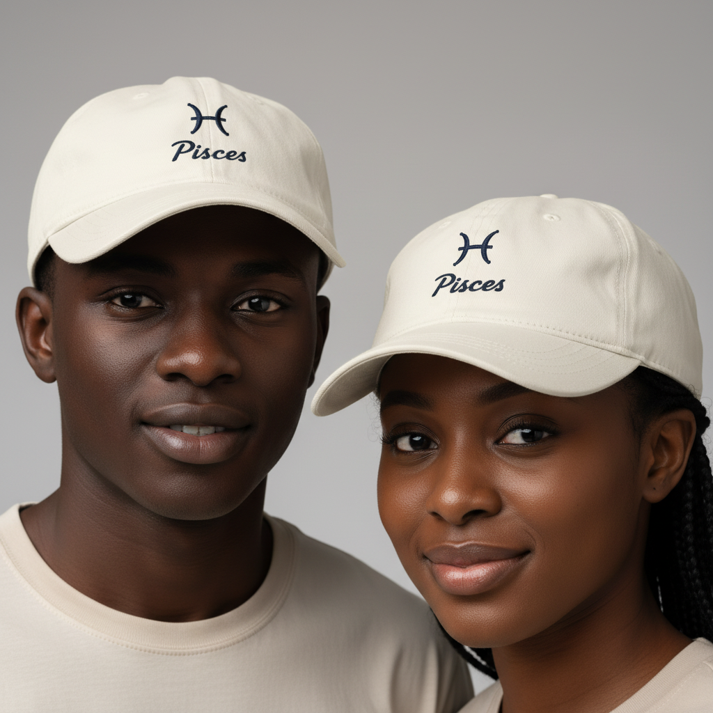 Nigerian male and female models wearing cream Pisces zodiac embroidered dad cap