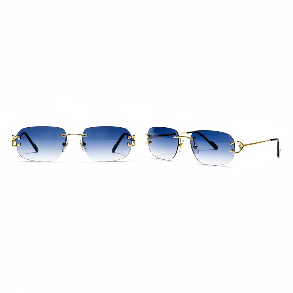 Unisex rimless rectangular sunglasses with gold engraved bridge and gradient blue lenses – front and side ghost mannequin view on white background