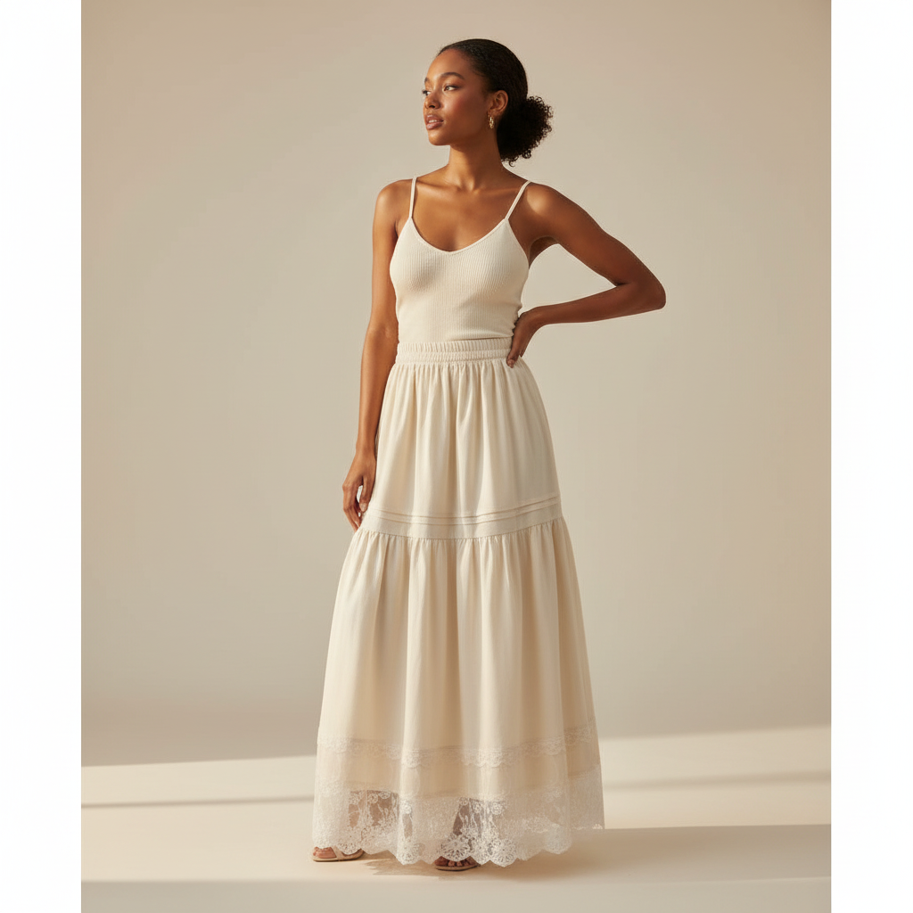 Nigerian model wearing cream lace hem tiered maxi skirt