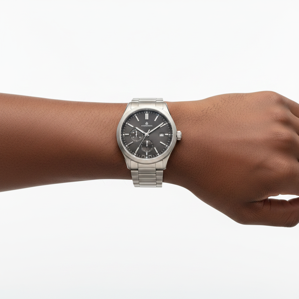 Nigerian male model wrist shot side-facing wearing charcoal grey dial automatic titanium watch