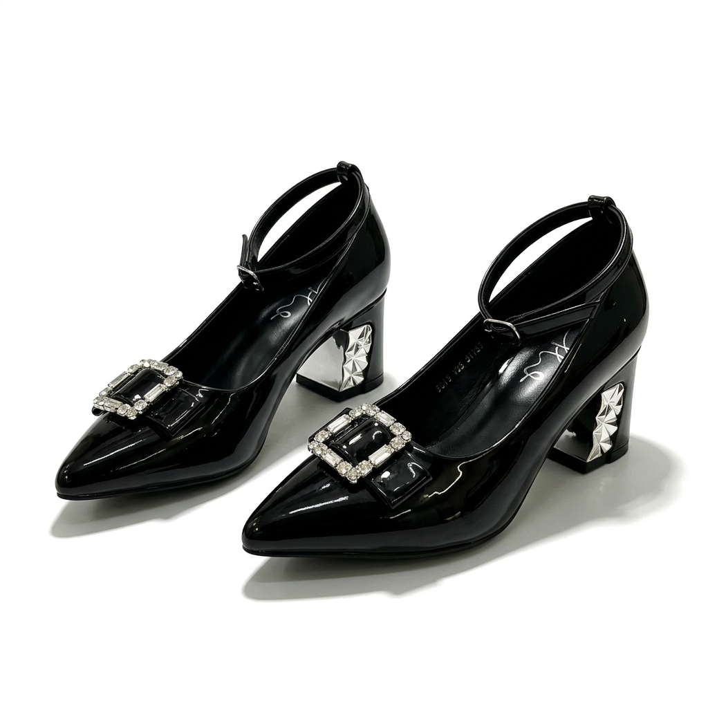 Complete pair of black jeweled-buckle ankle-strap block heels