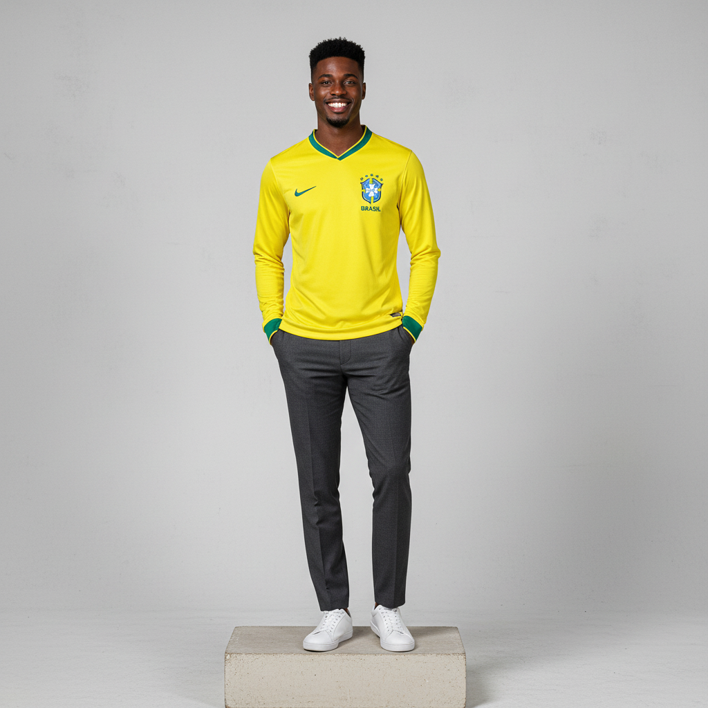 Nigerian male model wearing yellow long sleeve home football jersey on concrete plinth