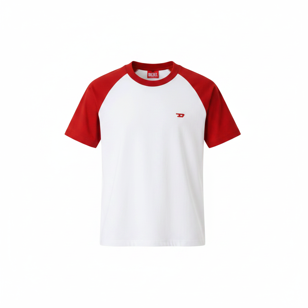 Men's White Red Raglan Tee with Red Logo - Ghost Mannequin Front View