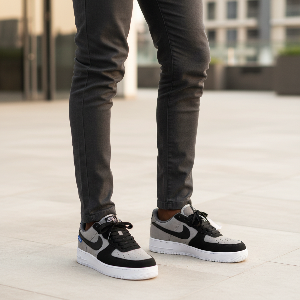 Nigerian male model wearing Nike Air Force 1 Low grey black colourblock sneakers, tight zoomed-in streetwear-luxury leg focus lifestyle shot