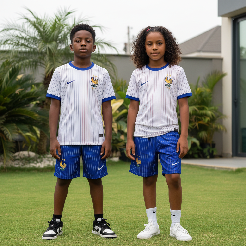 Nigerian boy and girl wearing white pinstripe kids football jersey and royal blue pinstripe shorts