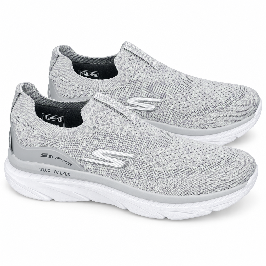 Pair of silver-grey knit-look slip-on sneakers on white