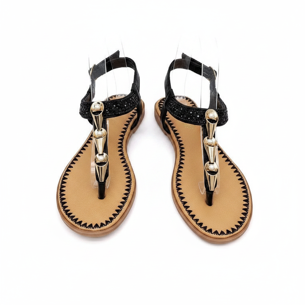 Women's Rhinestone T-Strap Flat Thong Sandal - Black Ghost Mannequin