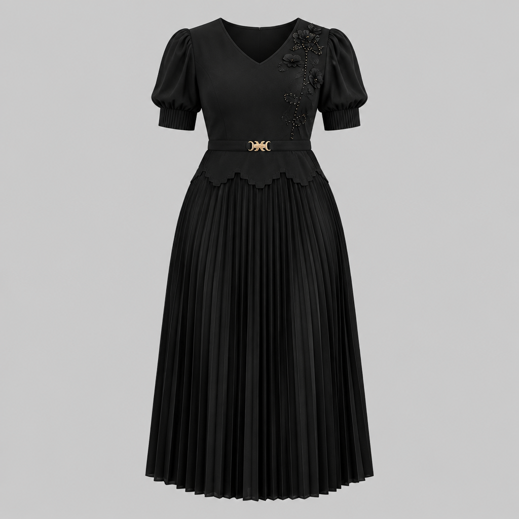 Black pleated gown on ghost mannequin