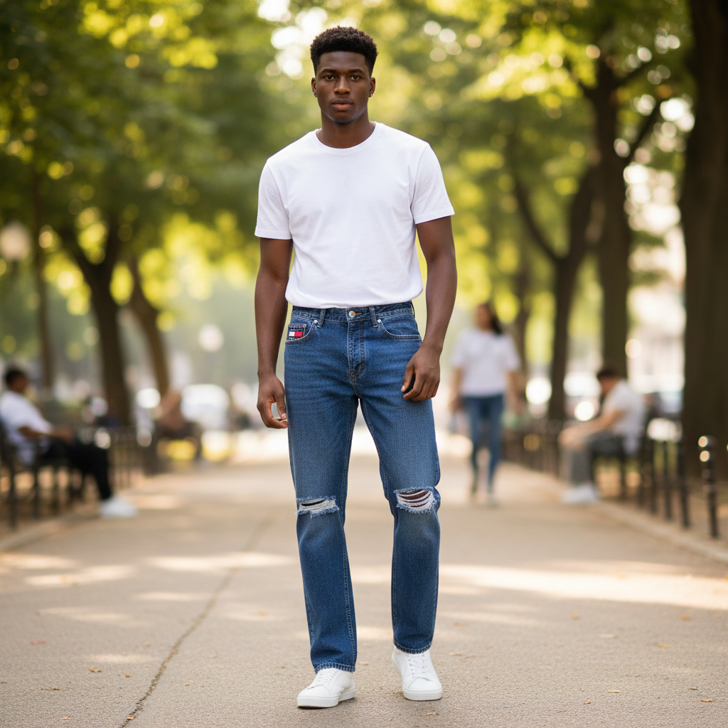 Nigerian model wearing Medium Blue Washed Straight-Leg Distressed Dual Knee Rip Badge Pocket Jeans