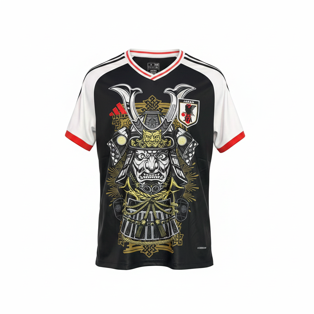 Men's black samurai graphic football jersey ghost mannequin front view