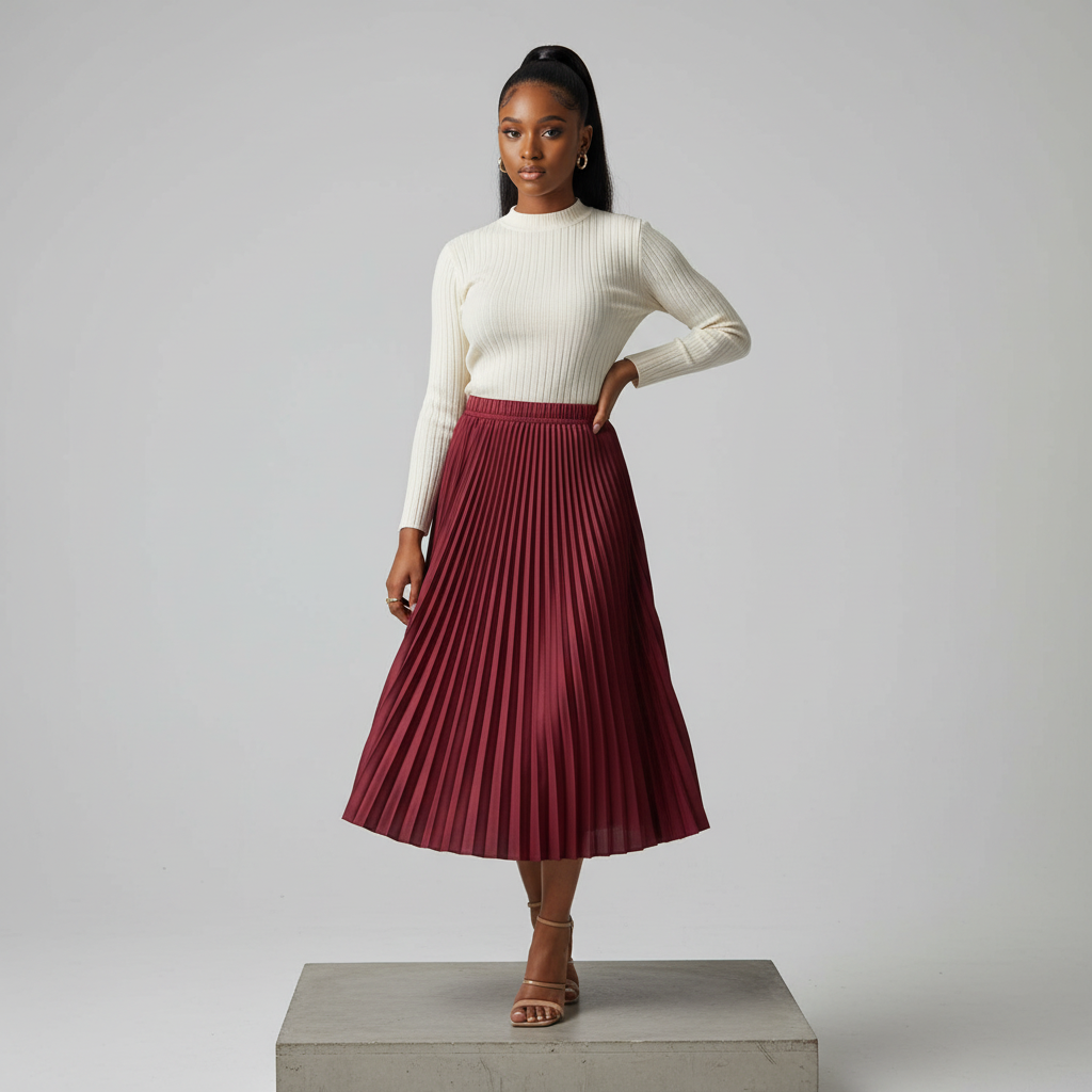 Burgundy Accordion Pleated Midi Skirt - Model Shot