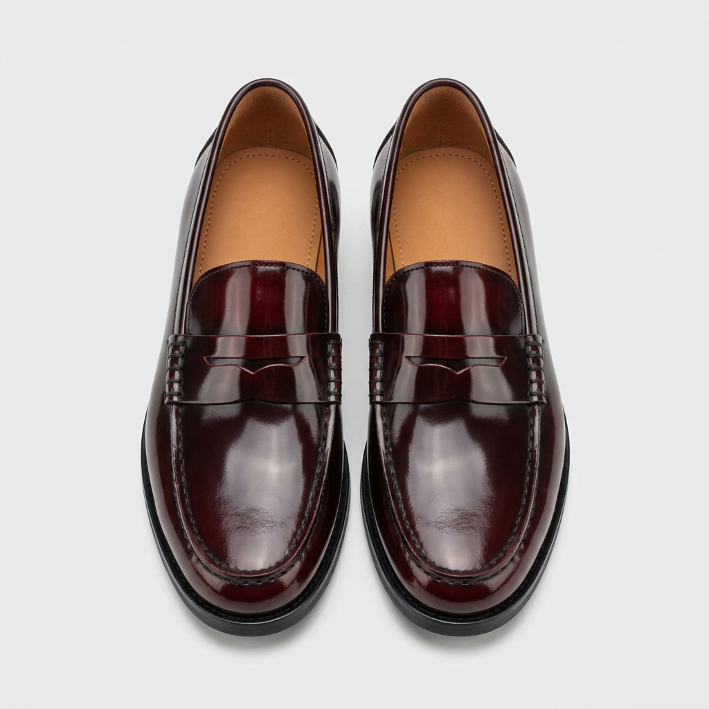 Men's burgundy patent leather penny loafers, straight-on view of the pair