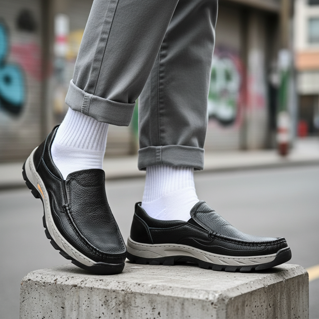 Model wearing black pebbled leather slip-on loafers with lug sole leg shot