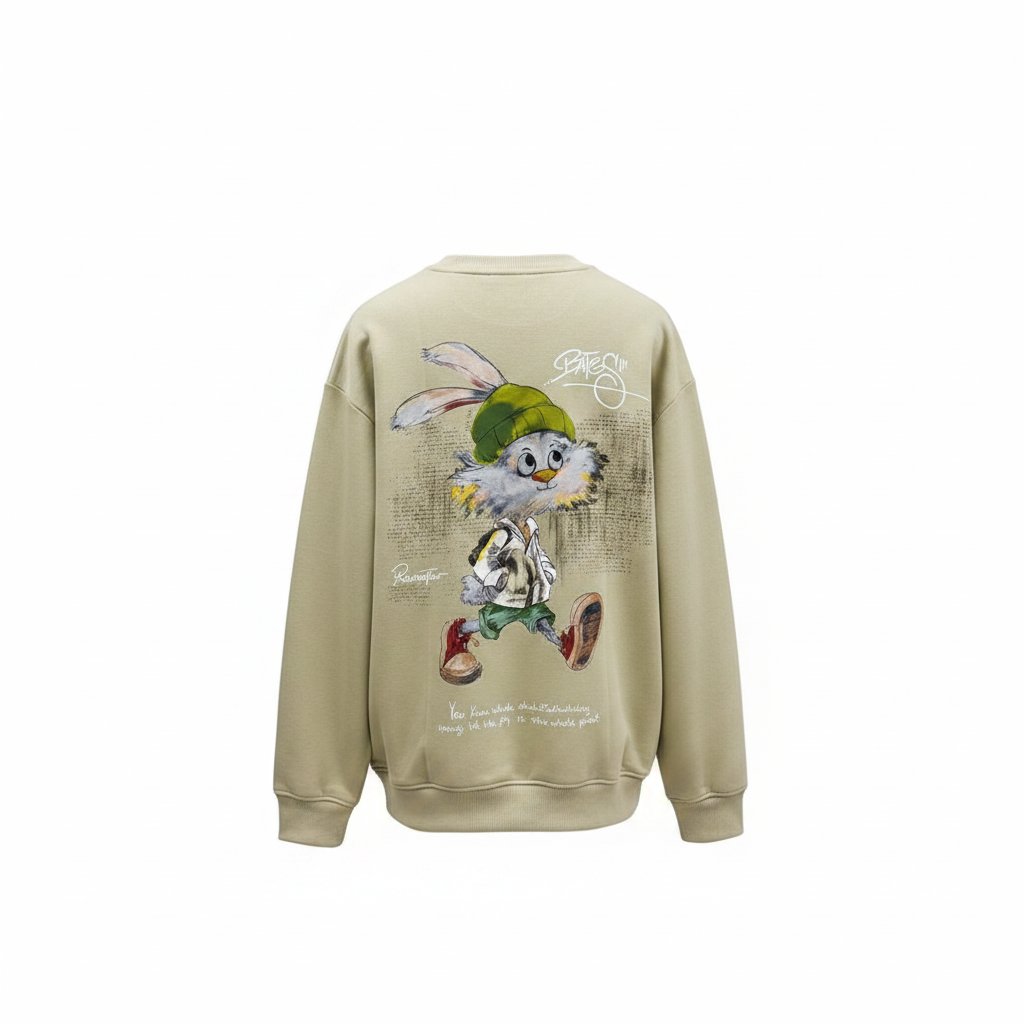 Ghost mannequin khaki BATES running bunny graphic sweatshirt back view