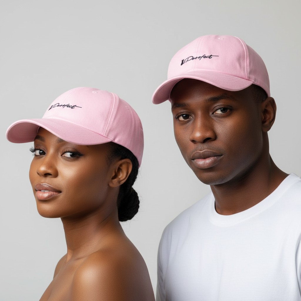 Nigerian male and female models wearing soft pink Purrfect cat embroidered dad cap