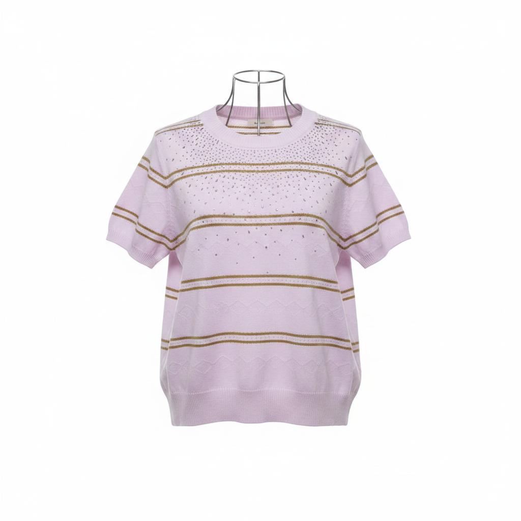 Ghost mannequin front view of lilac gold stripe rhinestone knit top