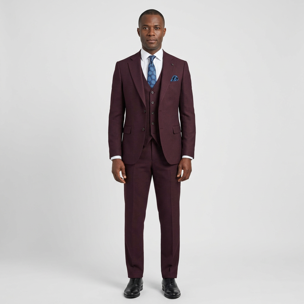 Full-body Black adult model wearing a burgundy textured three-piece suit