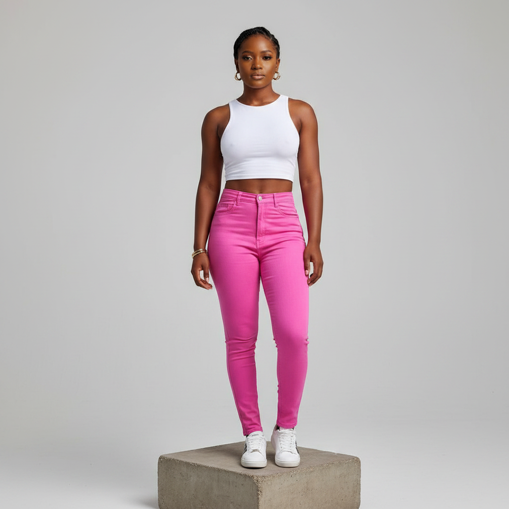 Hot Pink High-Waist Skinny Jeans – Model Front