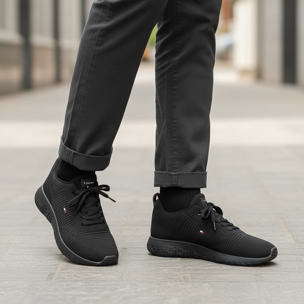Nigerian male model wearing all-black ribbed knit lace-up sneakers, Gen Z street style leg shot