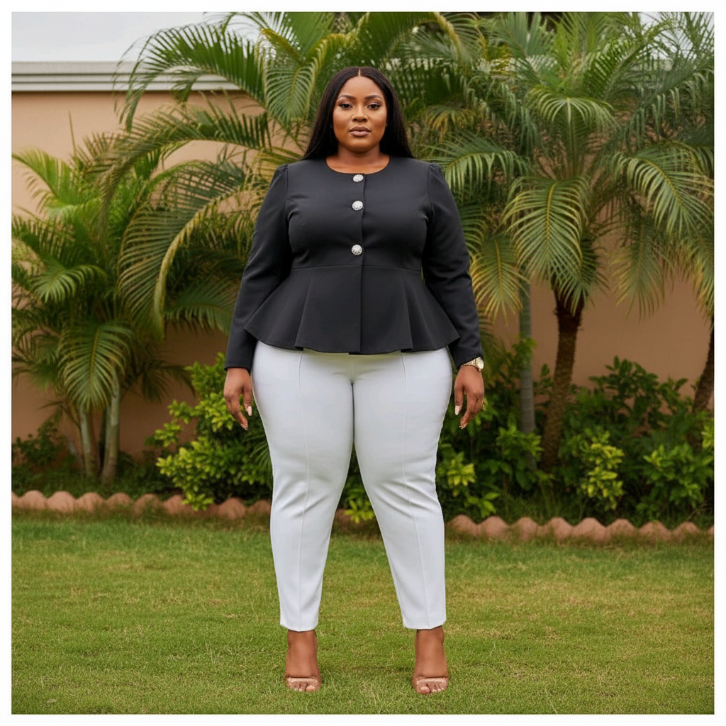Nigerian female model wearing women's plus-size black peplum jacket – lifestyle shot